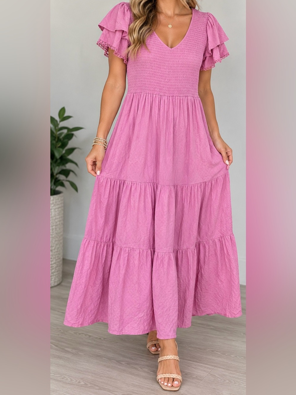 Smocked V-Neck Tiered Maxi Dress in Dusty Pink